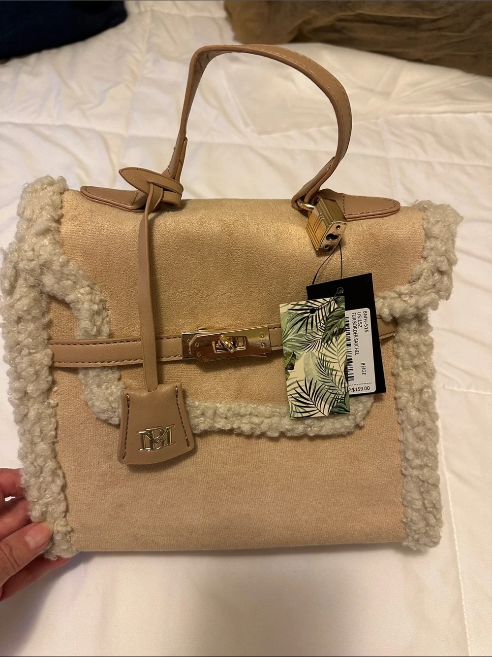 Badgley Mischka Beige Shearling-Trim Satchel
